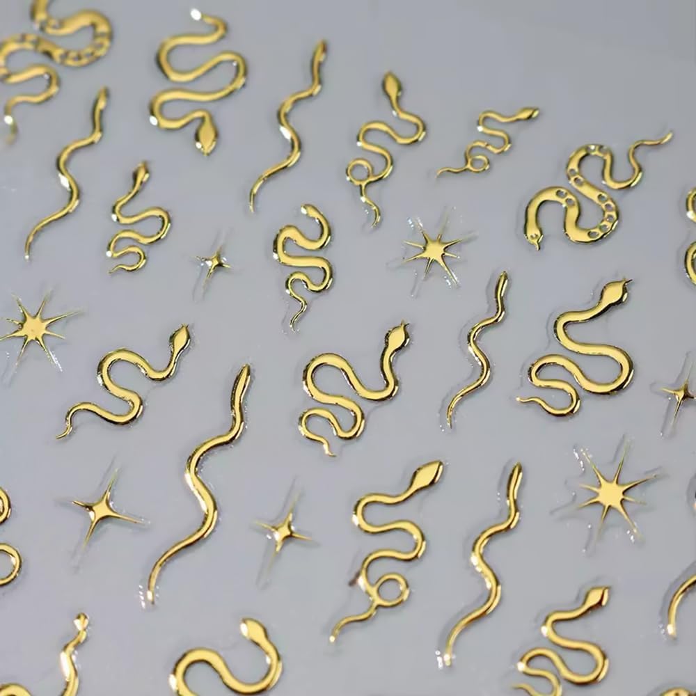 8 Sheets Nail Art Stickers, Gold Silver Star Snake Nail Decals 3D Self-Adhesive Laser Gold Silver Black Snake Nail Design Stickers DIY Manicure