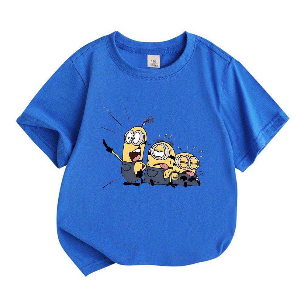 Kids Boys Girls 100% Cotton Crew Neck Short Sleeve T-Shirt, Cute Cartoon Three Funny Yellow Characters Print Casual Soft Tee Tops for Children Daily W