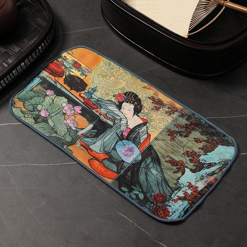 Chinese Retro Painted Tea Towel Kung Fu Tea Set Strong Water Absorption Thickened Tea Mat Cotton Velvet Tea Ceremony Accessories