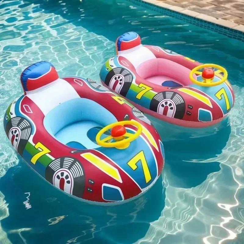 Baby Summer Inflatable Toy Swimming Ring Racing Police Car Pattern Float Seat with Steering Wheel for Pool Inflatable Water Toy