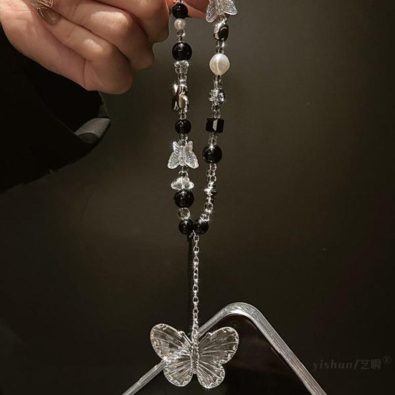 Exquisite Black Color Butterfly Phone Charm for Women Chic European Elegant Short Phone Charm Strap Fashion Phone Accessories