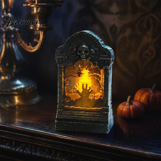Horror Theme Party Decor Tombstone Candle Lantern, LED Lighted Spooky Graveyard Table Lamp, Halloween Pumpkin Bag Fillers Small Night Light