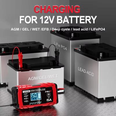 Carregador de Bateria de Carro com Display Digital Atualizado 12V 15A Plugue UE/EUA Reparo por Pulso Para Carregamento de Bateria LiFePO4, Chumbo-Ácido, AGM, GEL