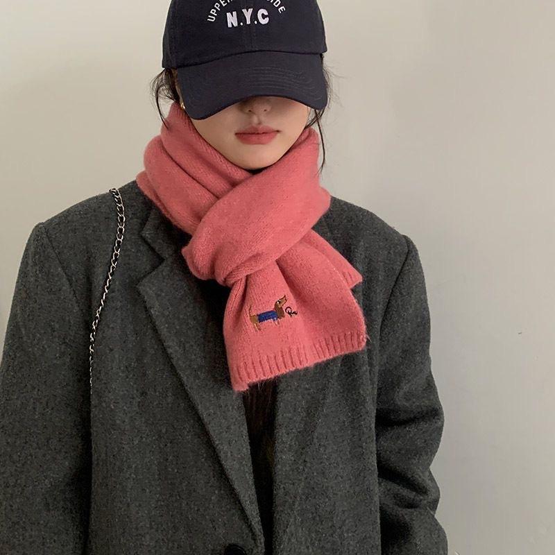 Korean Version with Wool Scarf for Women Winter New Versatile Solid Color Ins Scarf Beige Student Advanced Puppy Embroidery
