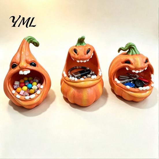 Holiday Desk Ornament Big Mouth Pumpkin Storage Box, Halloween Figurine Resin Jewelry Tray, Candy Holder Trinket Keys for Home Office Decor