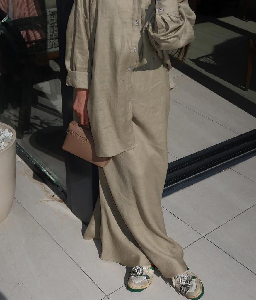 Women's Spring/Summer 2025 Fashion: Turn-Down Collar Loose Shirt & High Waist Midi Skirt Set