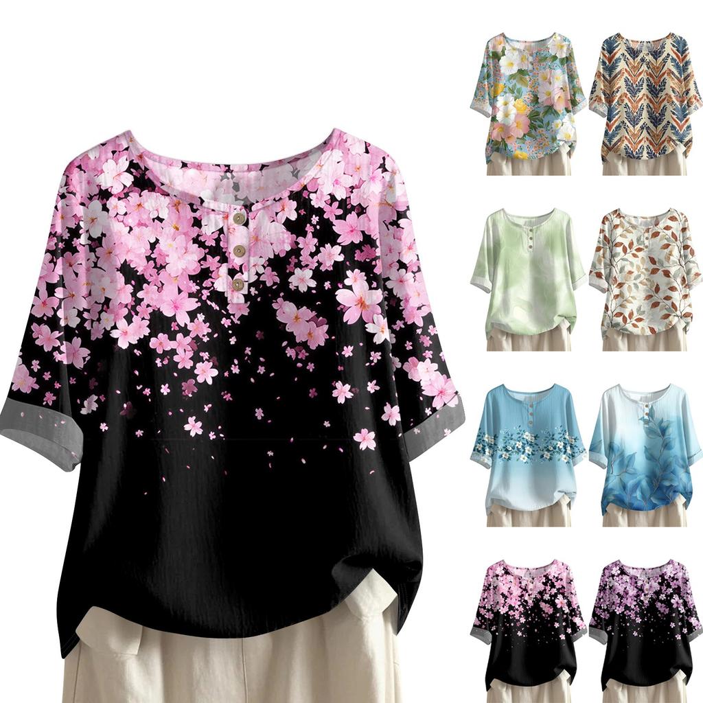 Dámská módní a ležérní košile s polovičním rukávem, kulatým výstřihem a potiskem