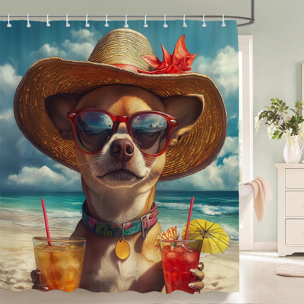 Funny and Creative Beach Cats and Dogs Fabric Shower Curtain Waterproof Polyester Bath Curtains for Bathroom Decorate with Hooks