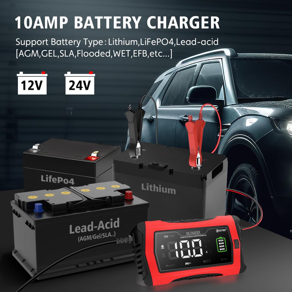 12V 24V 10A Automatické nabíjanie pre lítiové LiFePO4 AGM GEL olovené batérie Nabíjačka pre motocykle 7-stupňová nabíjačka autobatérií