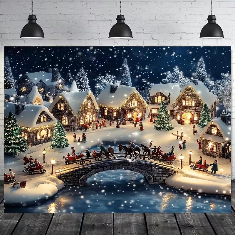 2D verschneite Weihnachtsdorf Kulisse, beleuchtetes Winterstädtchen mit Schlitten und Brücken-Party Hintergrundtuch