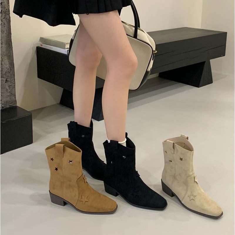 

Anti-fur short boots hollow stars western cowboy boots 2025 autumn boots V-mouth thin thick-soled medium boots 40 абрикосовый