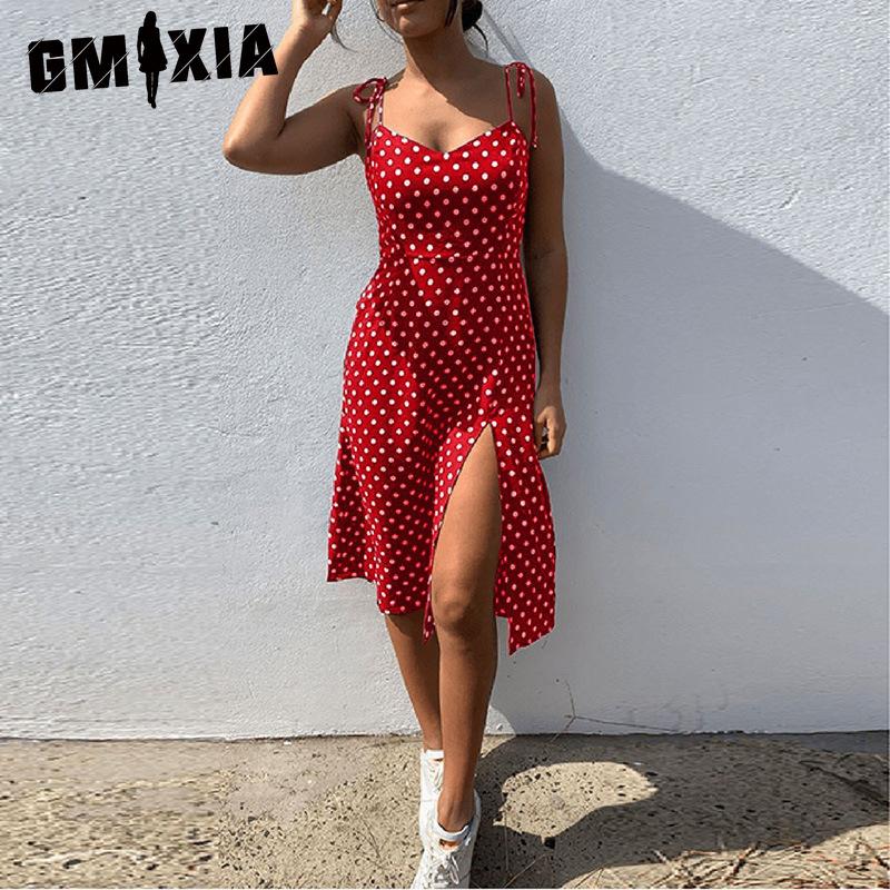 GMXIA Kleider Sommerkleid Sommer Damen Lässig Ärmellos Gepunktet Strandkleid Hohe Taille Plissiert V-Ausschnitt Vestidos De Verano