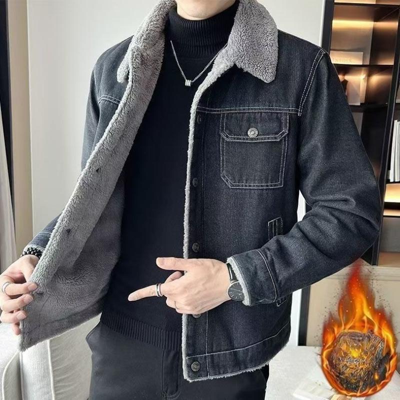 Denim Jacket Plus Velvet Thickening Slim Fit Lamb Velvet Winter Korean Style Jacket Handsome Cotton Jacket