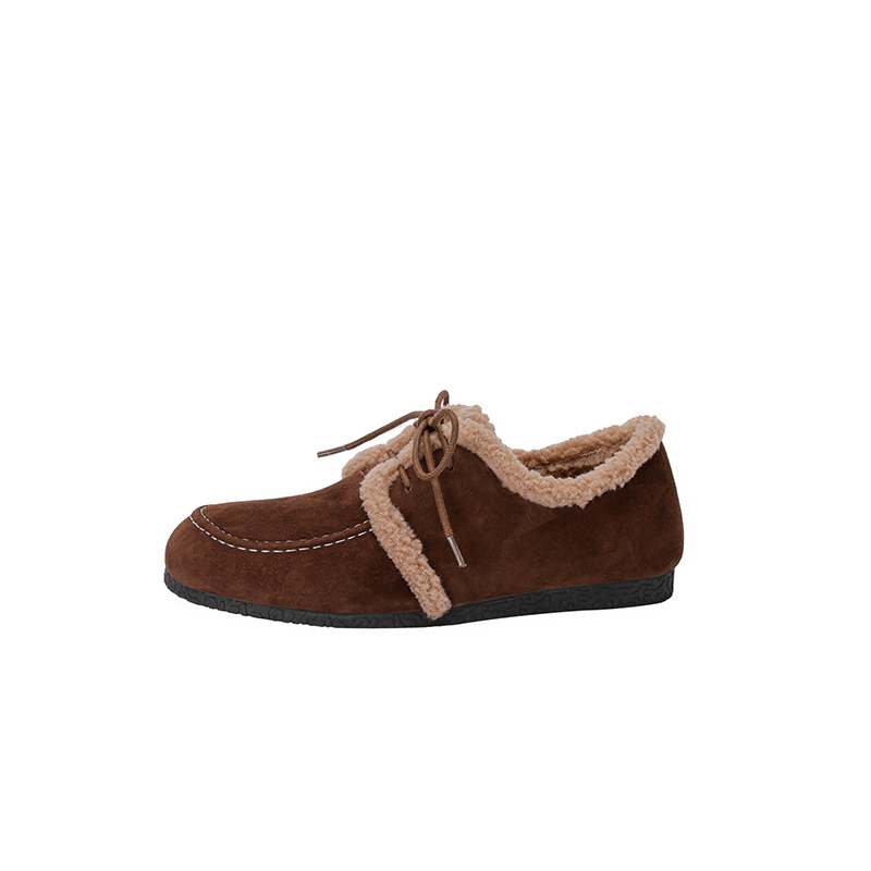 Krazing Pot Suede Fur Spring Autumn Winter Flats Lace Up Women Keep Warm Casual Shoes