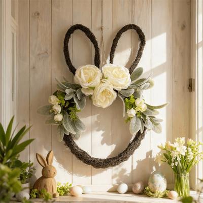 Easter Bunny Vine Decorative Door Hanging, Artificial Rose And Leaf Wall Hanging