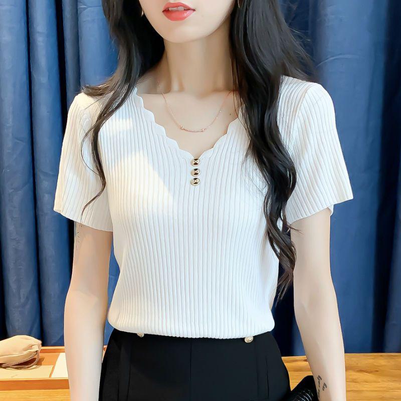 Women's Ice Silk V-Neck Button Knit T-Shirt - 2026 Summer Loose Korean Style Short Sleeve Top
