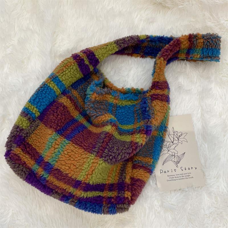 111 new wind plush woolen large capacity shoulder underarm bag hair bag plaid model