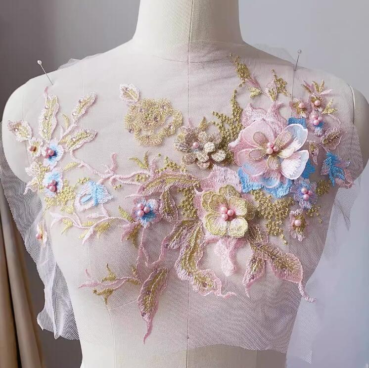 1 Piece Large 3D Lace Applique Trim Patches Pearl Purple Flower For Prom Wedding Dress Accessory Lace Fabric DIY 33*26cm