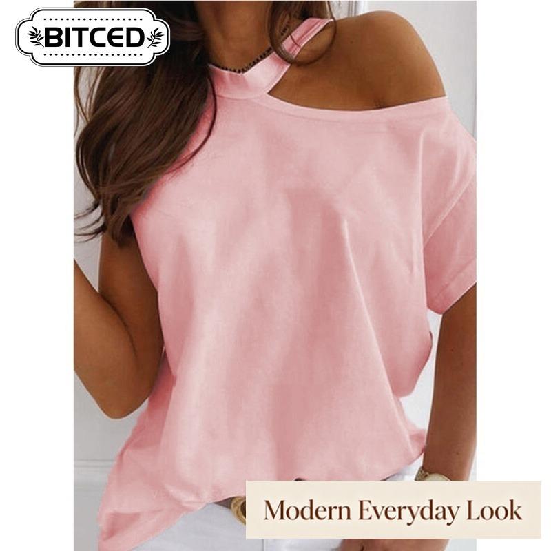 BITCED Women's Fashion Casual Solid Color Print Short Sleeve Blouses & Shirts