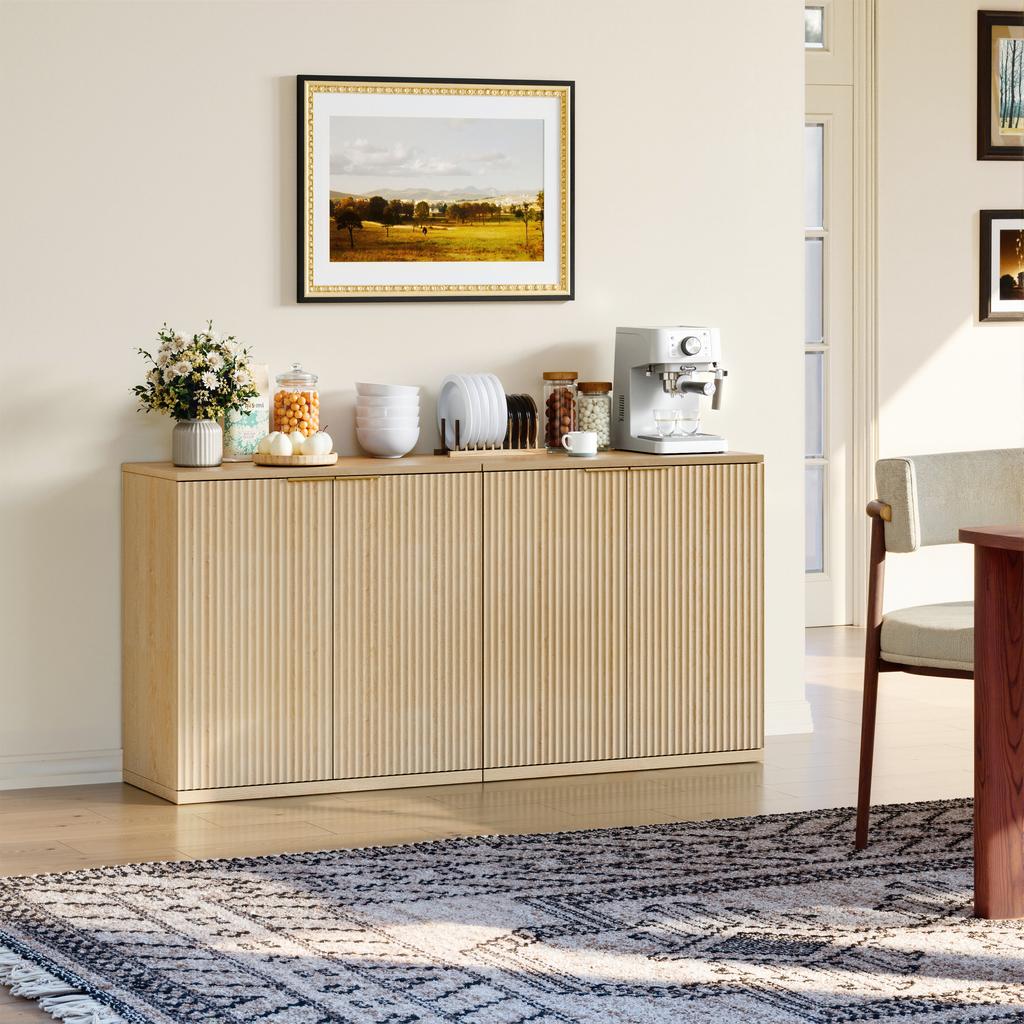 Modern Storage Cabinet with Pleated Front and Metal Handle, Multifunctional Sideboard for Living Room & Bedroom, Light Wood Decor, Oak, 60x30x70 cm