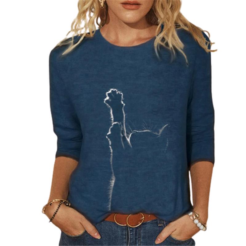 Women's Knitted Long Sleeve Animal Print Round Neck T-Shirt, European and American Style, 2023.