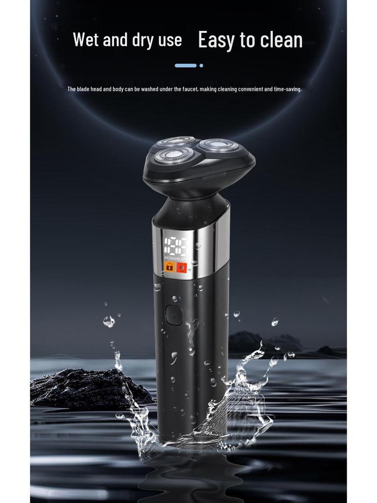 Men's 3-in-1 Electric Shaver with Digital Display, Water-Washable 3D Floating Cutter for Beard