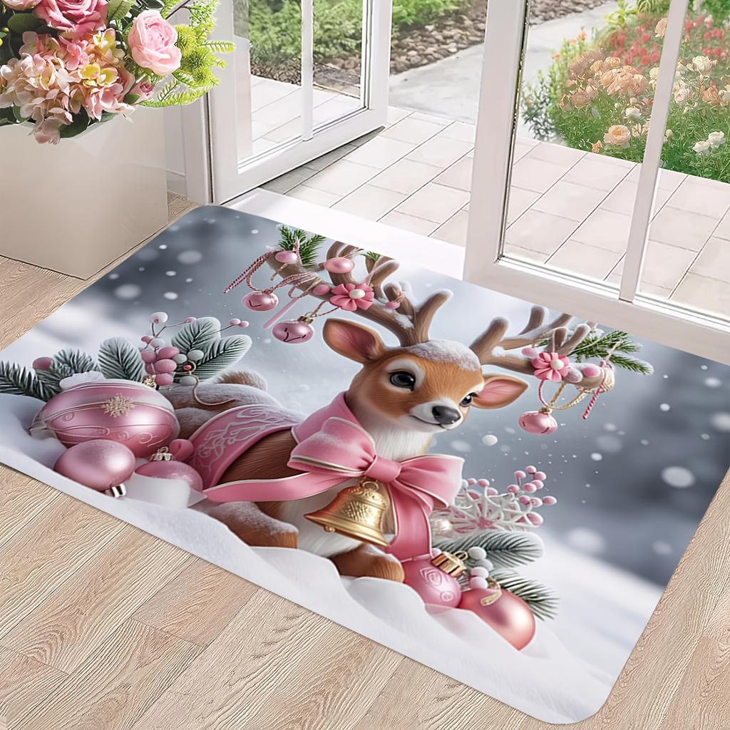 Christmas Pink Moose Cartoon Entryway Floor Mat Christmas Cute Decorative Carpet Holiday Atmosphere Decoration