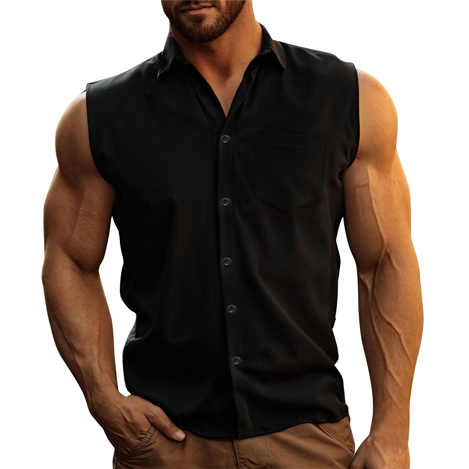 

Men s Summer Hawaiian Solid Color Breathable Loose Button Sleeveless Shirt M чорний