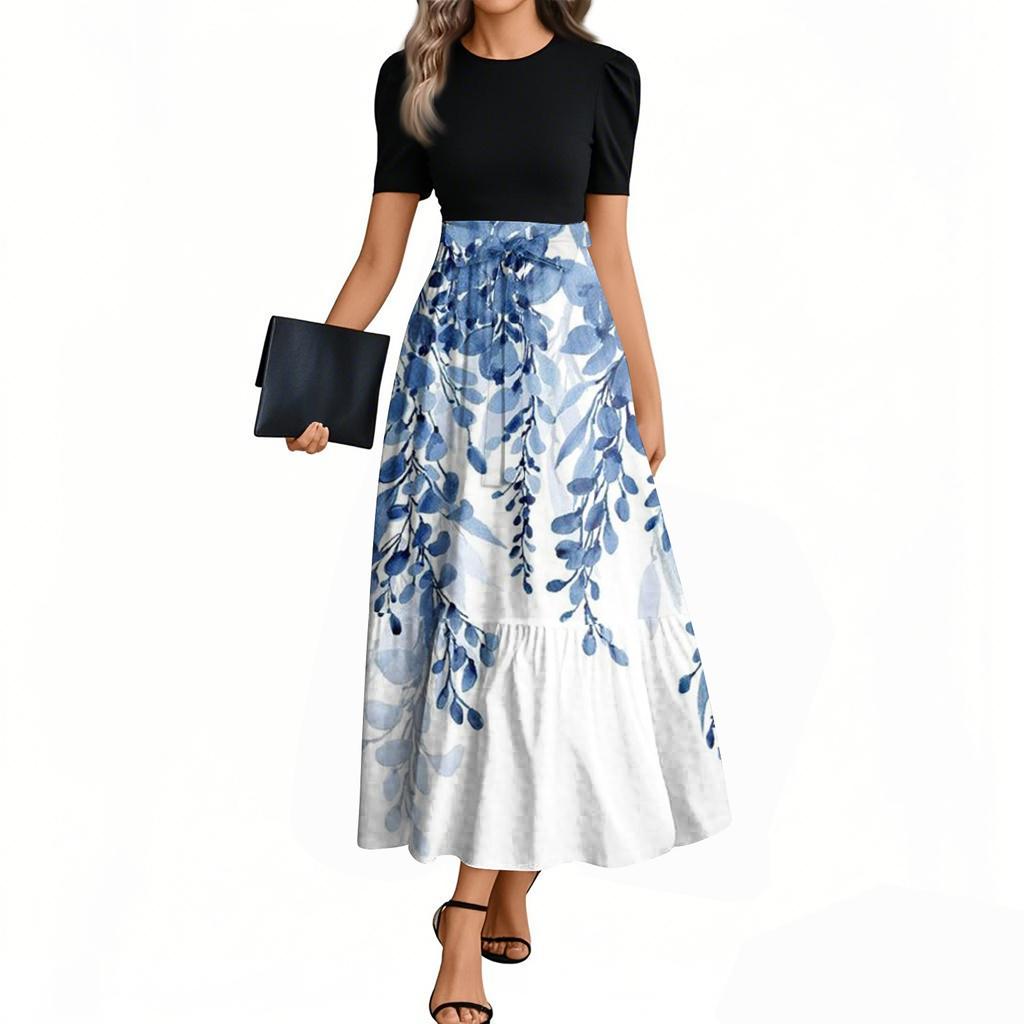 Women's Fashion Casual Belt Short Sleeve Round Neck Retro Printed Splicing Elegant Temperament Dress