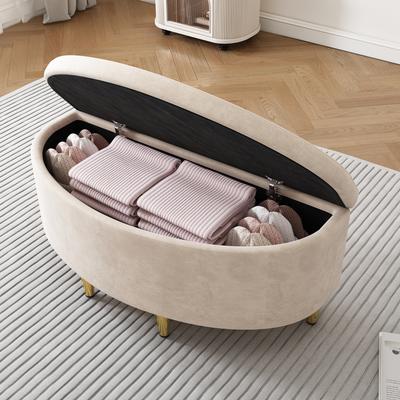 Gestoffeerde Bank, met Fluwelen Opbergbox, Voetenbank met Metalen Poten, Geschikt voor Hal, Woonkamer, Slaapkamer, 90 x 40 x 42 cm, Beige