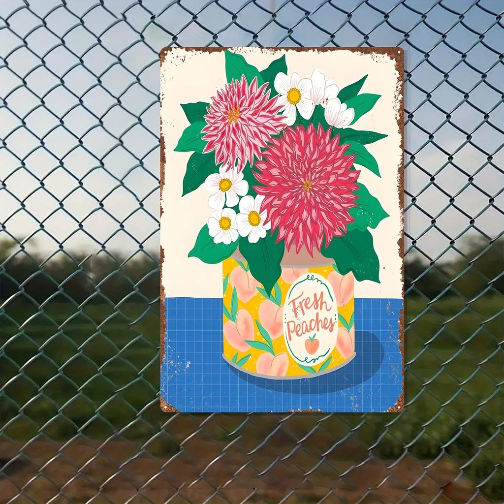 2D Flat, Vintage Metal Wall Art Sign - 20.32x30.48 Cm Floral Tin Painting with Pink Daisies & Flowers, Rustic Home Decor for Hal