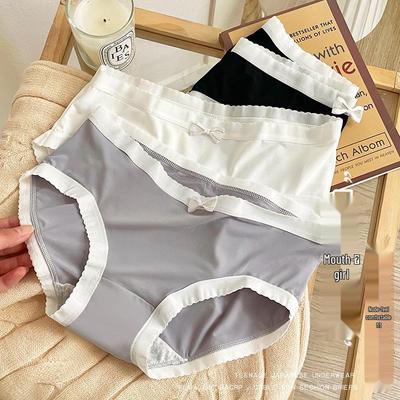 Ice Silk Mid-Waist Women's Panties, Solid Color, Summer Thin, Comfortable with Pure Cotton Crotch, Bow Knot, Girly Birthday Series Triangle Briefs.