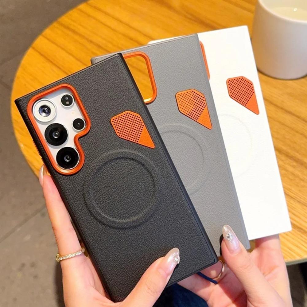 Business Smooth-touch Sle Leather Lens Magnetic Case For Samsung S26 Ultra S25 Edge S24 Plus Metal Heat Dissipation Holes Cover