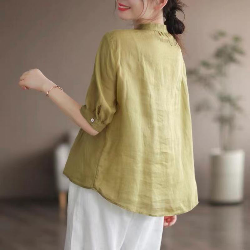 Summer Art Retro Fine Linen Top Women's Thin Cotton Linen Short Sleeved Shirt Blouses & Shirts