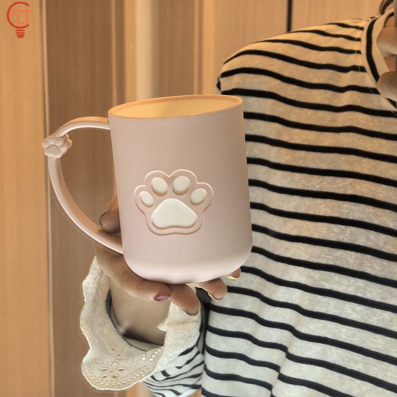 Cute Cartoon Cat Paw Couples Plastic Mouthwash Toothbrush Cup With Handle