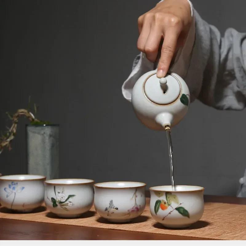 Retro Ru Kiln Ceramic Teacup Travel Portable Meditation Cup Hand Painted Flower Tea Bowl Master Cup Handmade Tea Set Accessories