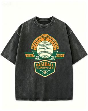 2026 New Retro Sport Inspired Print Washed Cotton Tshirt Casual Streetwear