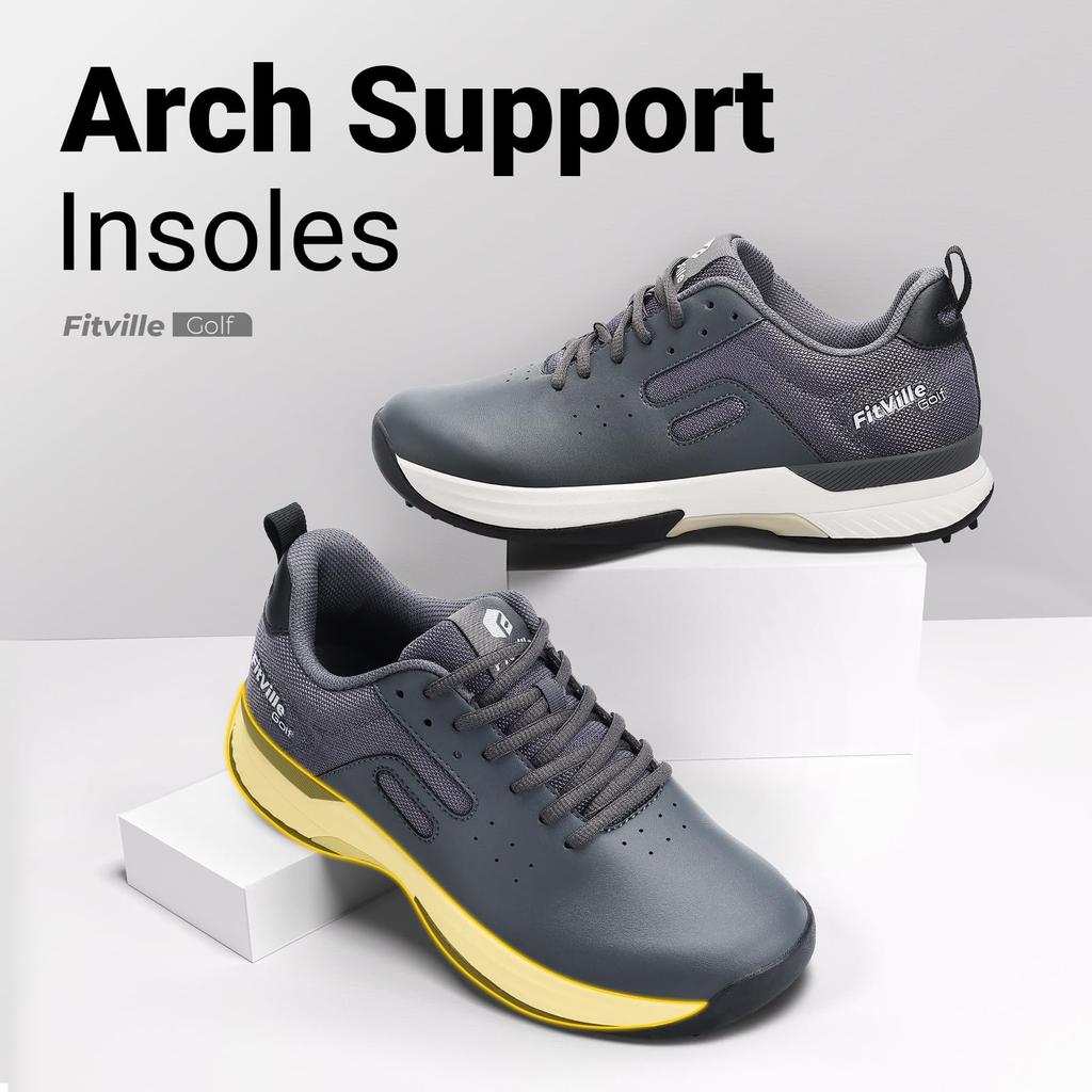 FitVille Men's Golf Shoes, Wide Spikes, Professional Golf Shoes, Men's Golf Training Sneakers, Business Exercise, Lightweight, Water-Repellent