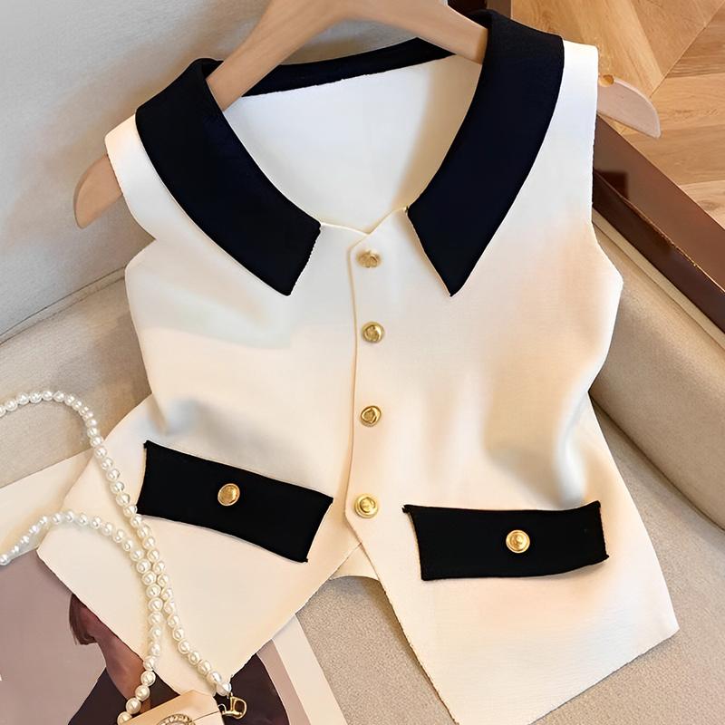 Women Elegant V-Neck Lapel Vest Summer Casual All-Match Chic Tanks Sleeveless Tops