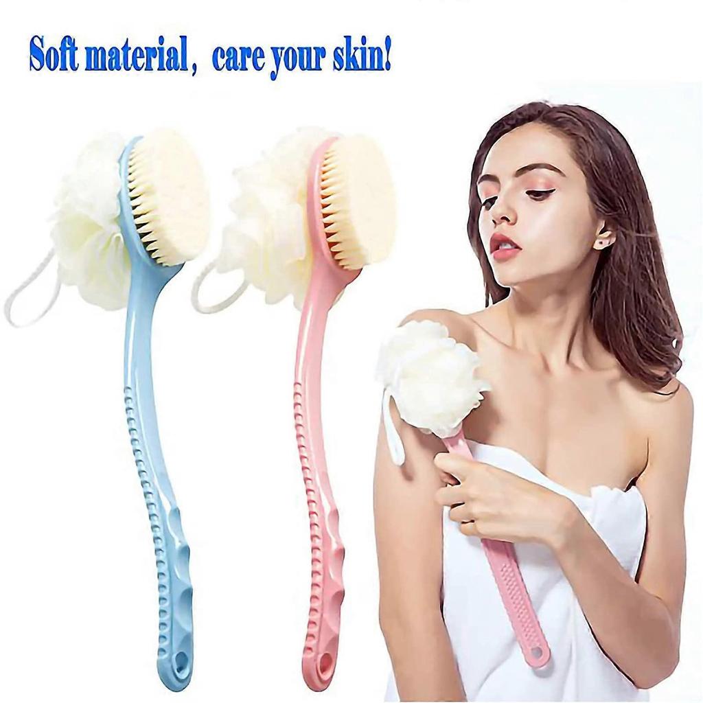 Shower Body Brush with Bristles and Loofah 2 Pack, Back Scrubber Bath Mesh Sponge with Curved Long Handle for Skin