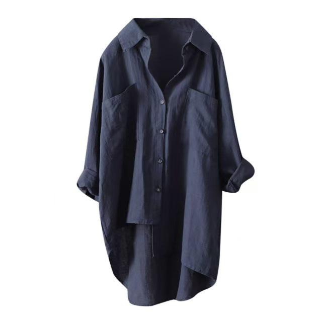 Blouse Skirt Casual Style Solid Color Shirt Autumn Cotton Linen Cardigan Double Pocket Long Sleeve Top