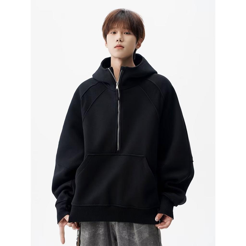 Spring and Autumn Retro Splicing Half Zipper Hooded Sweater Boys Loose Couple Casual Versatile Hoodie