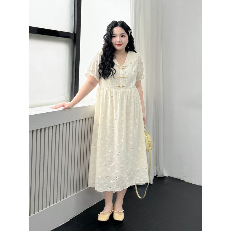 Plus size women clothing [French style Beautiful Long dress] Doll Collar Hollow Embroidered 100.00kg Slimming Buckle Full Body Dress