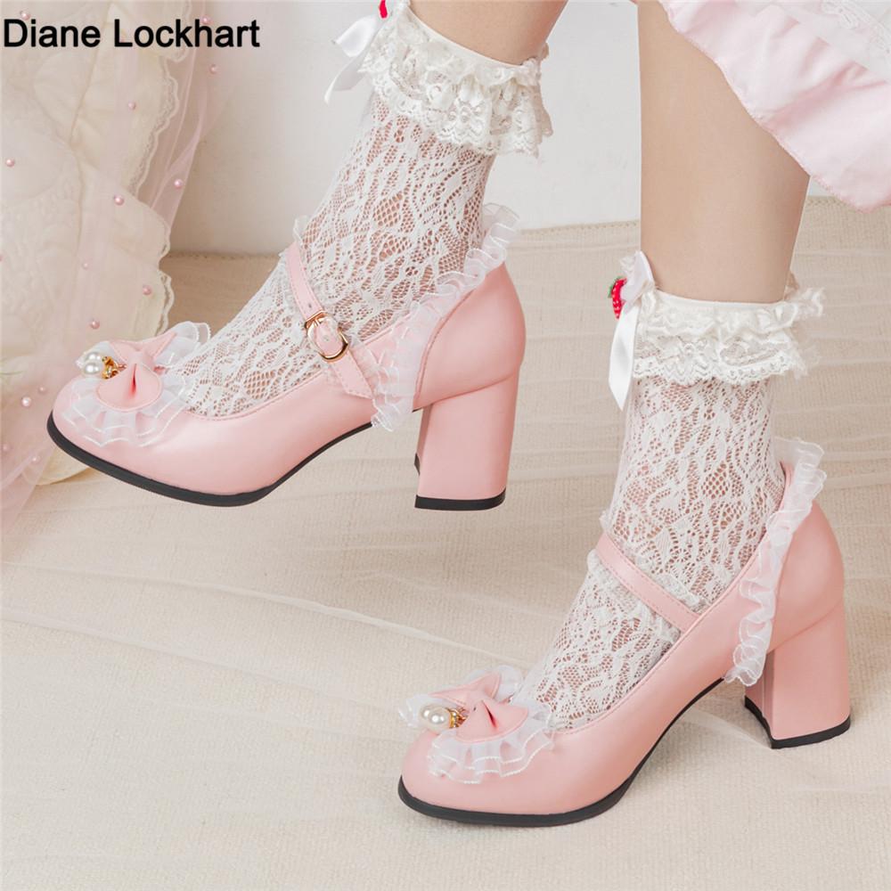 Fashion 2025 Women High Heels Cross Strap Mary Jane Pumps Party Wedding White Pink Black Bow Lace Beads Princess Cosplay Lolita Shoes