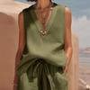 Women Sleeveless V Neck Loose Fit Pullover Top High Waist Wide Leg Pants Set Casual Two Piece Outfit