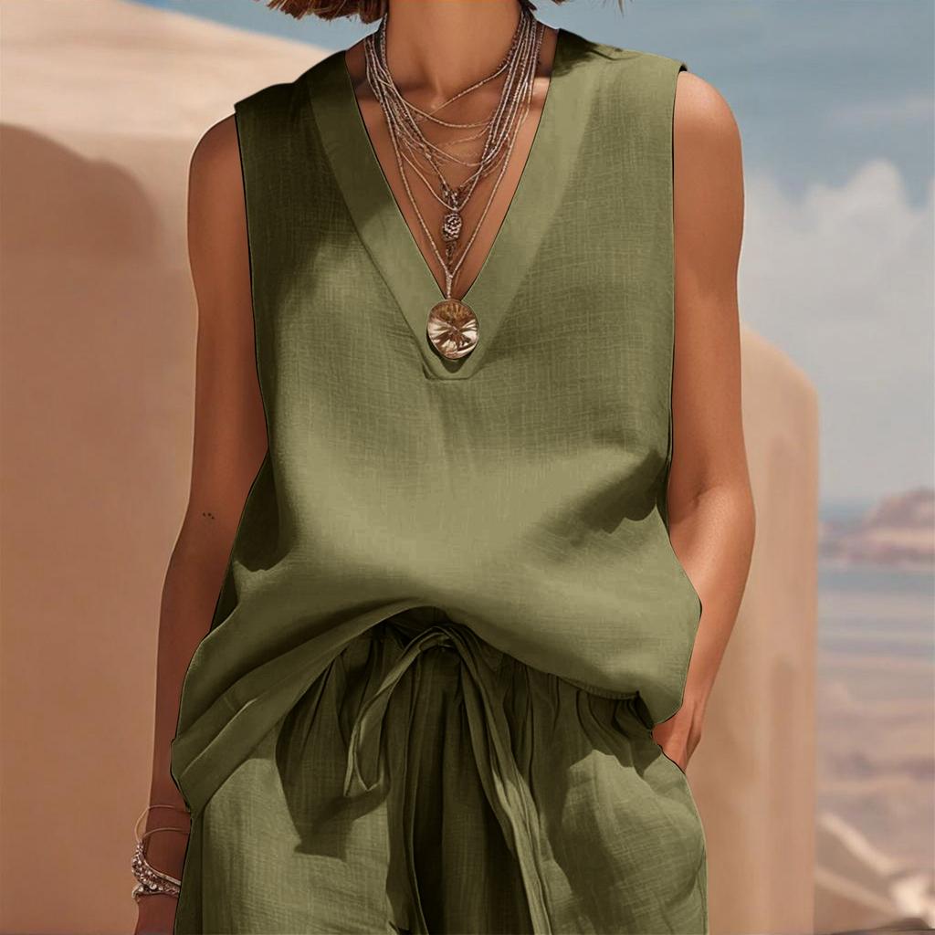 Women Sleeveless V Neck Loose Fit Pullover Top High Waist Wide Leg Pants Set Casual Two Piece Outfit