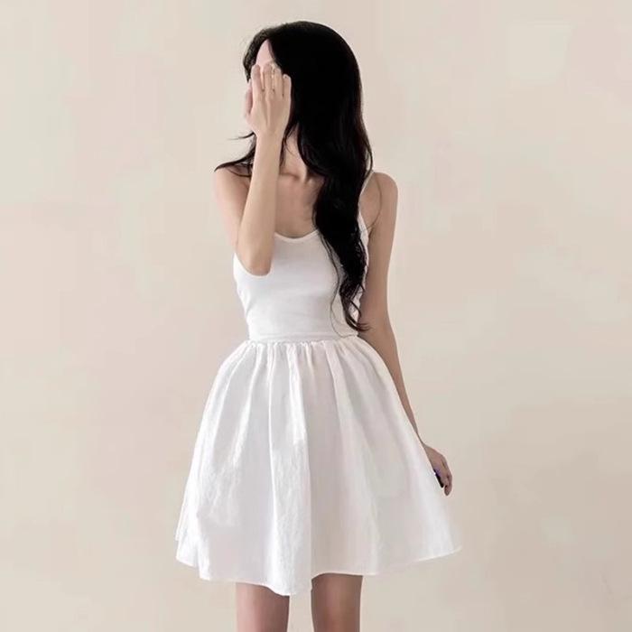Korean chic summer French temperament V-neck slim and thin pleated adjustable suspender dress fluffy skirt women S белый