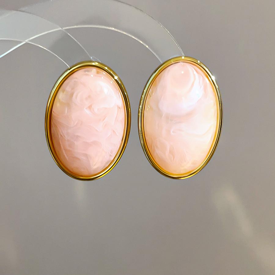 Retro Silver Needle Marbled Acrylic Oval Geometric Stud Earrings - Vintage Niche High-End Fashion Accessories for Women