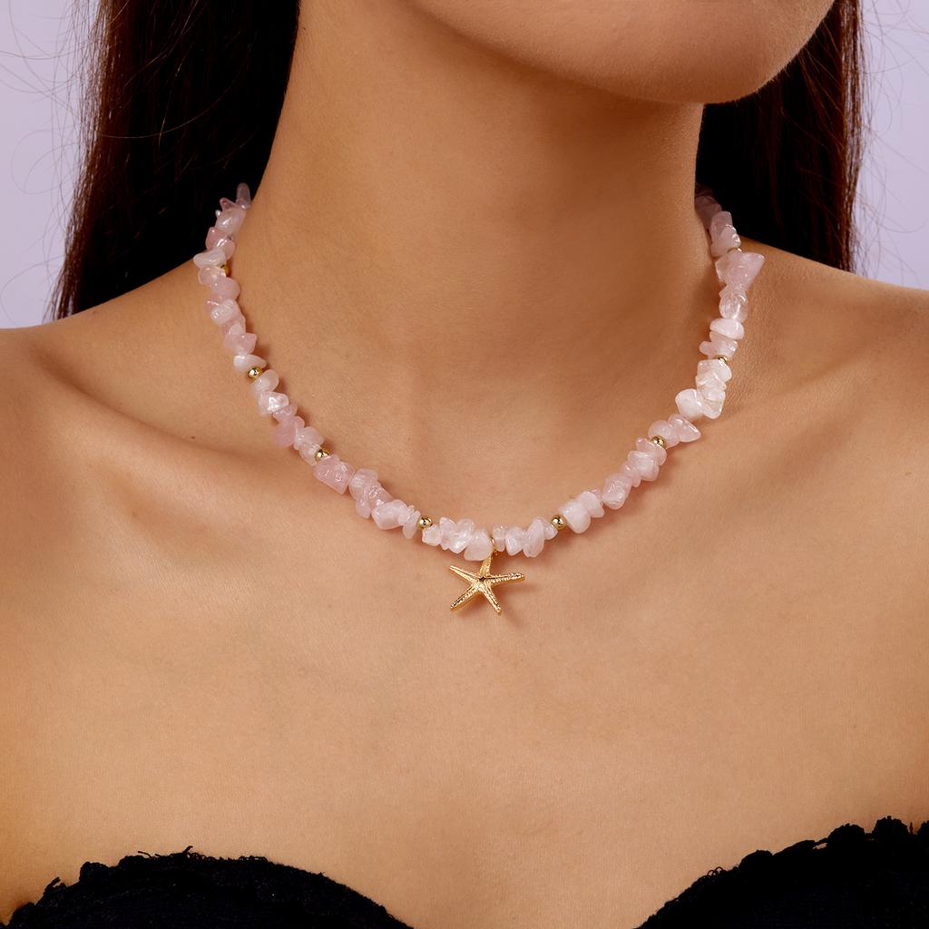 Irregular Colorful Natural Stone Beaded Necklace for Women Handmade Bohemian Starfish Clavicle Chain Beach Party Charm Jewelry