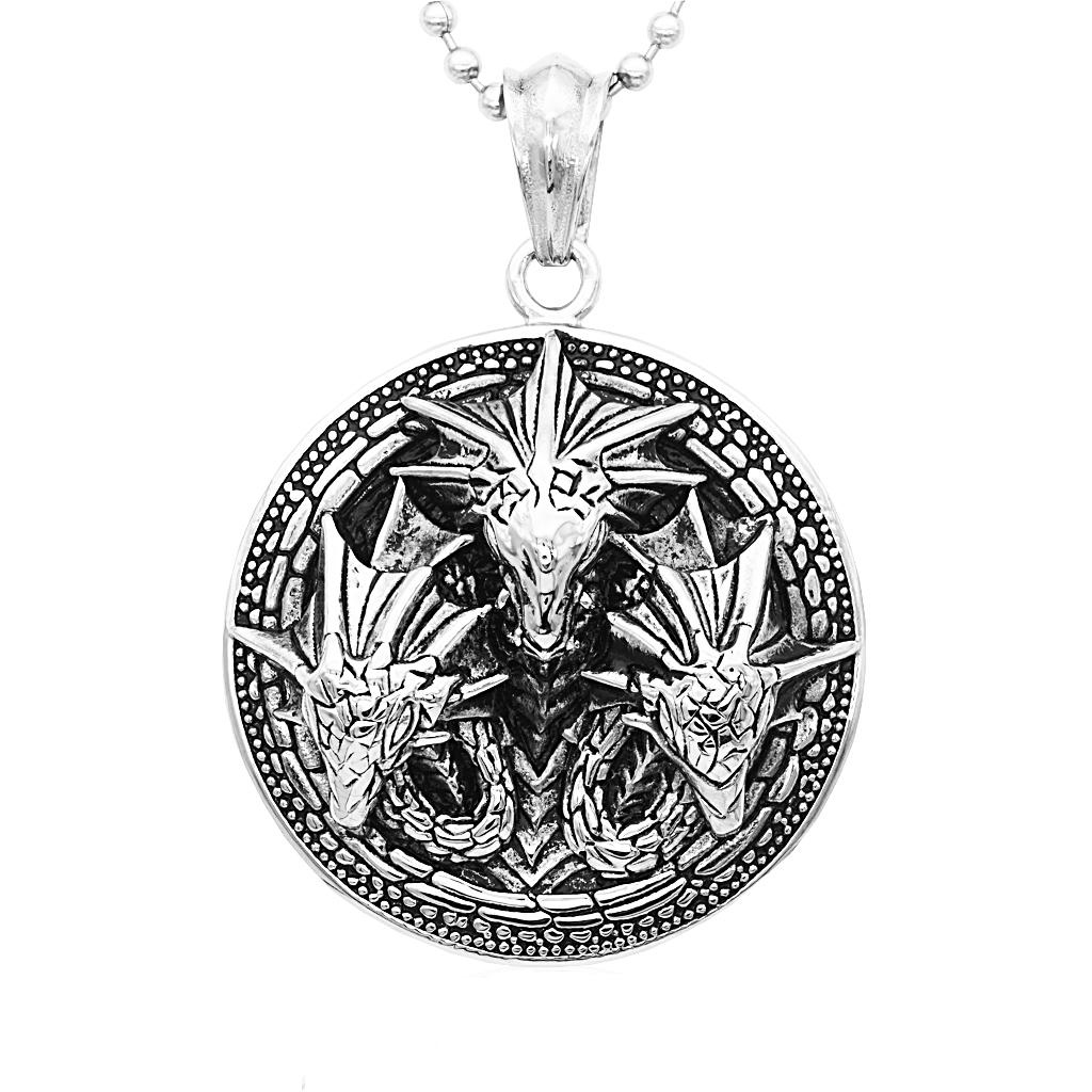 Rock Punk Üç Ejderha Başı Yuvarlak Kalkan Kolye Kolye Takı Erkekler için